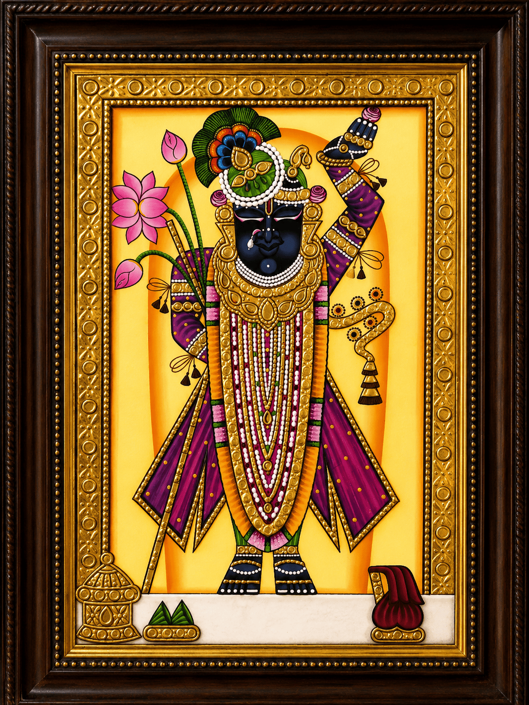 Shrinathji Tanjore Painting with Purple Attire and Ornate Wood Frame — Handmade by Nathdwara Artisans